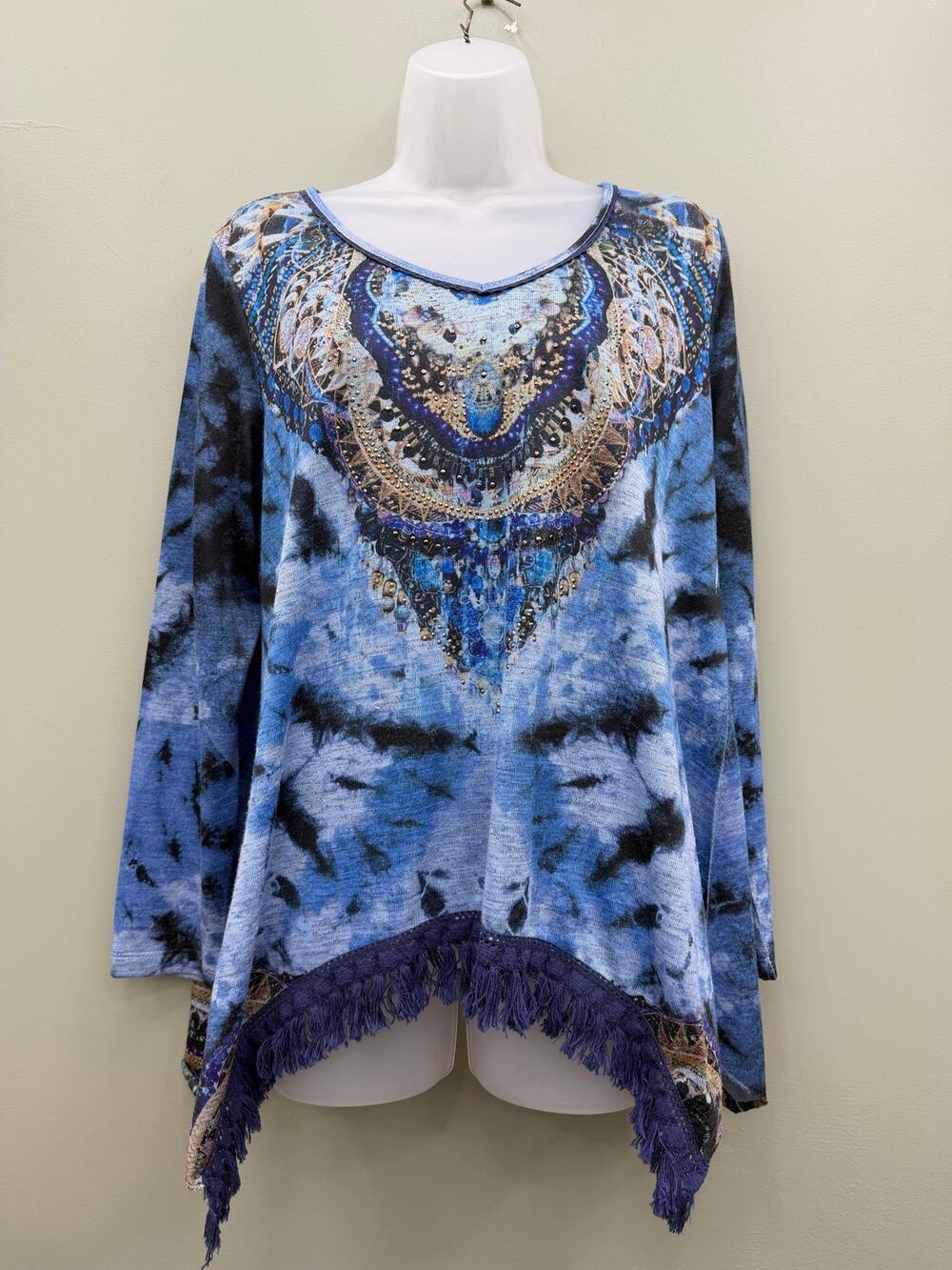 One World Blue Tie Dye Embellished Boho Tunic Top Fringe Hem M